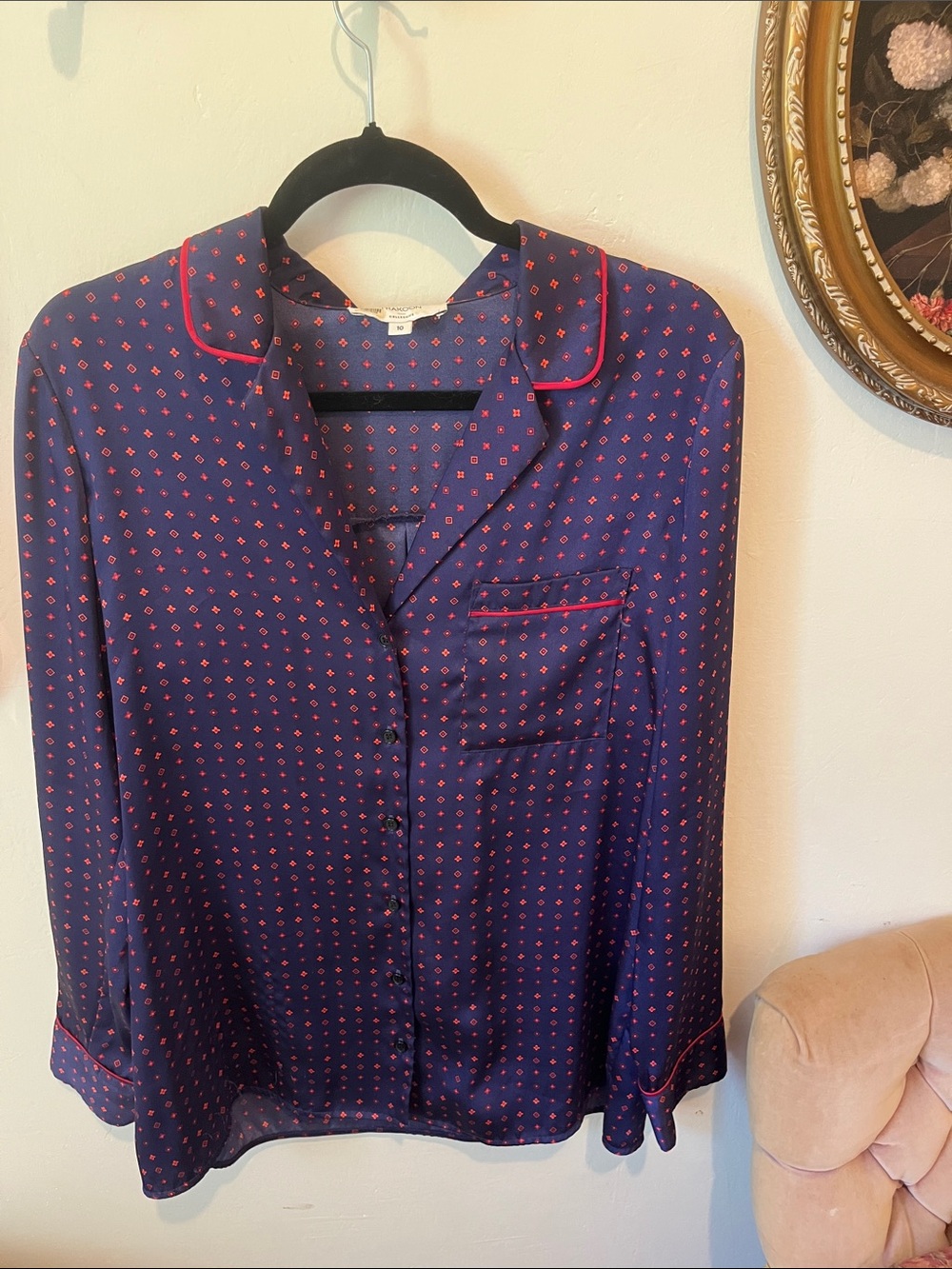 Thakoon Navy Blue Blouse with Pink Piping and Dot Print
